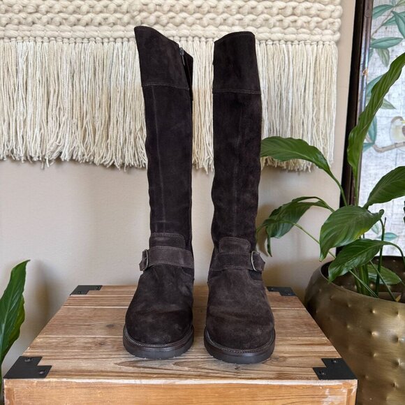 Vintage J. Crew Brown Suede Silver Buckle Inner Zip Lug Sole Knee High Boots - Picture 3 of 17